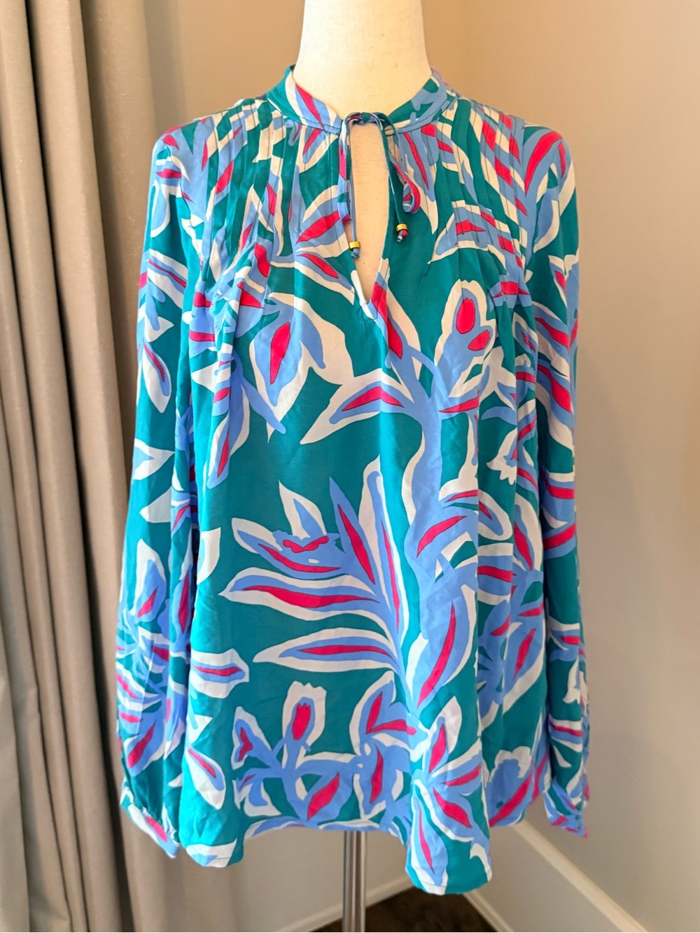 Teal Floral Print Long-Sleeve Women's Top